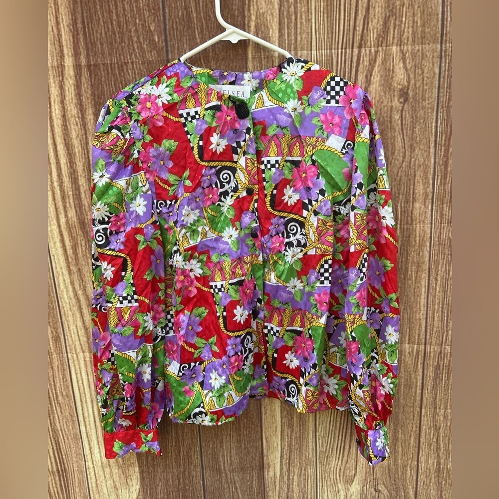 Vintage Chelsea blouse size L 80’s satin art to wear funky checkerboard print